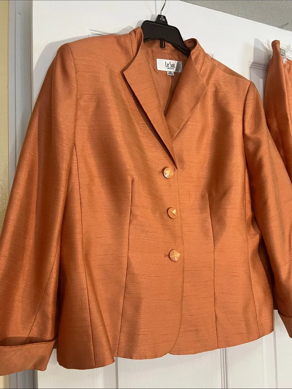 Le Suit Copper-Orange Satin Blazer and Skirt Set